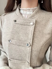 FRIFUL Women's Double-Breasted Patchwork Fur Cuff Elegant Autumn/Winter Jacket - Khaki - View 7