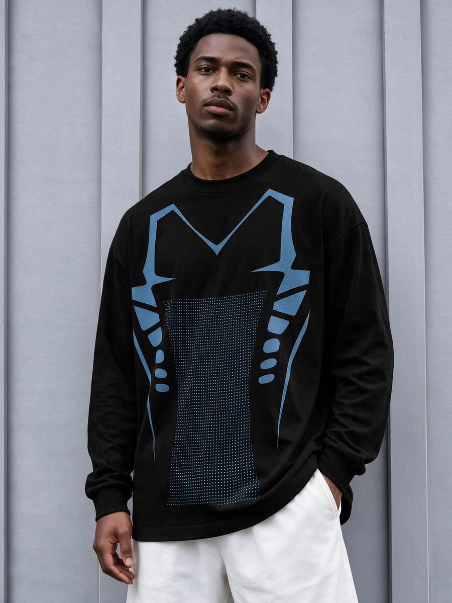 Sport MetroGents Futuristic Cyber Tech Mechanical Skeleton Outline Loose Casual Long Sleeve Top For Men, Gym - Multicolor - View 1