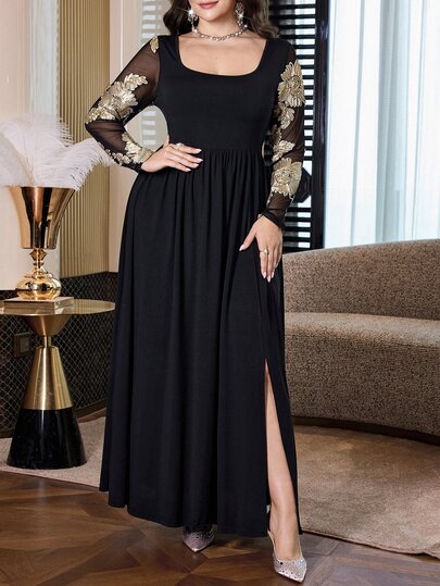 Modelyn Plus Size Women's Patchwork Jacquard Mesh Long Sleeve Square Neck Elegant Dress