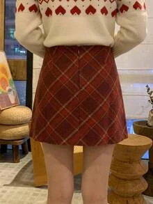 女款休閒格紋裙，秋冬聖誕款 - 酒紅色 - 查看 9