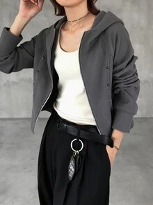 FRIFUL Women's Solid Color Casual Daily Wear Zip-Up Sweatshirt - Grey - View 3