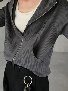 FRIFUL Women's Solid Color Casual Daily Wear Zip-Up Sweatshirt - Grey - View 1