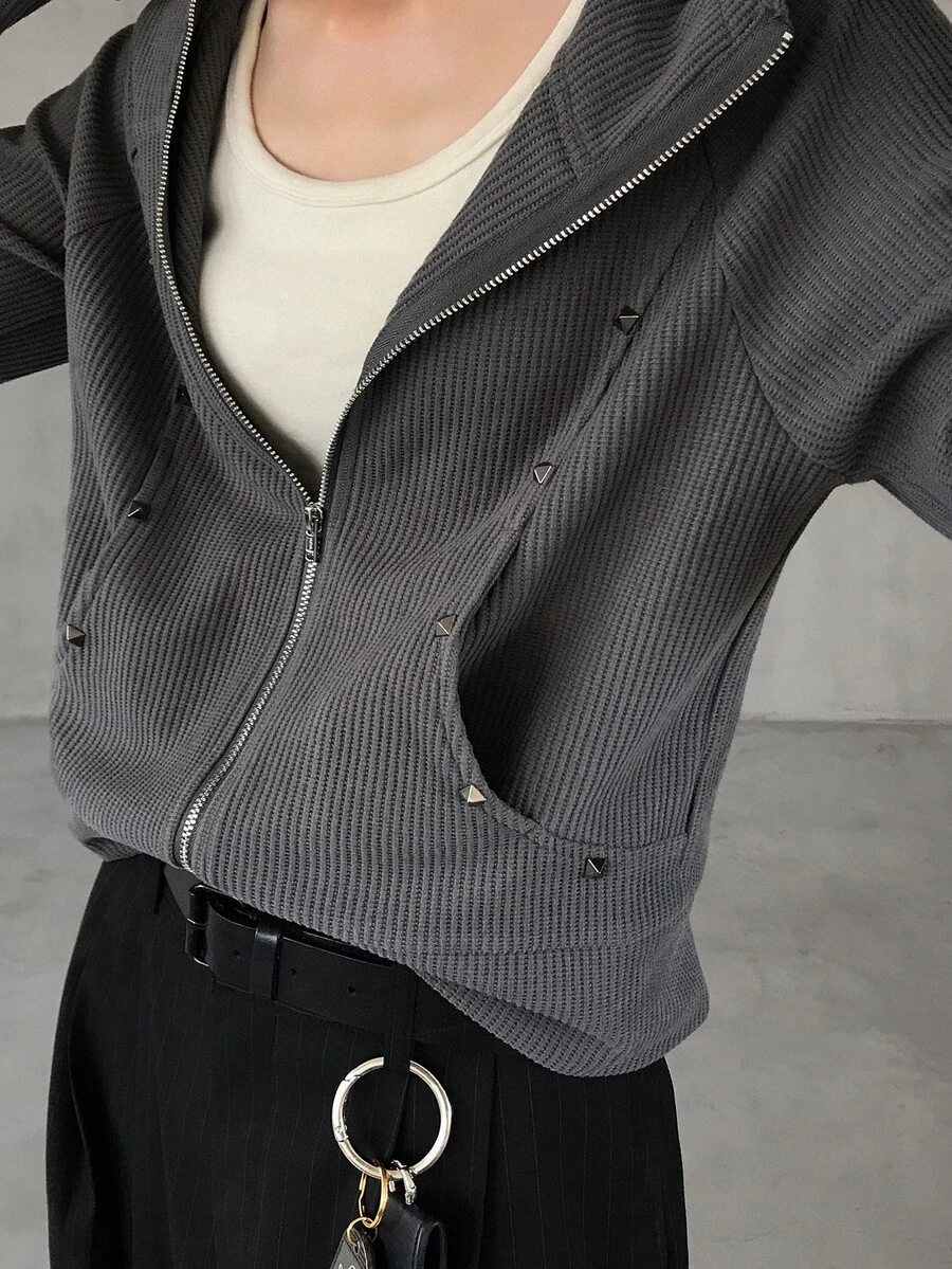 FRIFUL Women's Solid Color Casual Daily Wear Zip-Up Sweatshirt - Grey - View 1