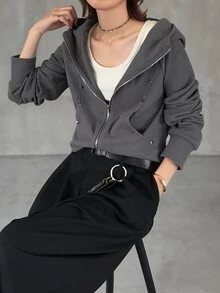 FRIFUL Women's Solid Color Casual Daily Wear Zip-Up Sweatshirt - Grey - View 4