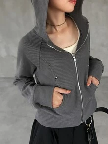 FRIFUL Women's Solid Color Casual Daily Wear Zip-Up Sweatshirt - Grey - View 8
