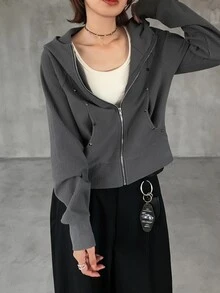 FRIFUL Women's Solid Color Casual Daily Wear Zip-Up Sweatshirt - Grey - View 7