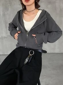FRIFUL Women's Solid Color Casual Daily Wear Zip-Up Sweatshirt - Grey - View 6