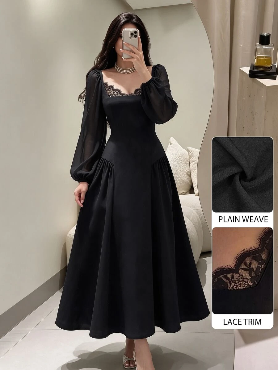 Modelyn Women's Woven Long Sleeve Mixed Material Contrast Lace Romantic French Elegant Outing Dinner Cocktail Date Long Dress Black Autumn Prom Rave