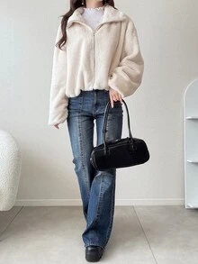 FRIFUL Women's Solid Color Long Sleeve Zipper Front Casual Faux Fur Jacket - Apricot - View 9