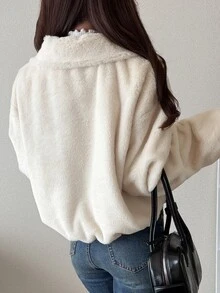 FRIFUL Women's Solid Color Long Sleeve Zipper Front Casual Faux Fur Jacket - Apricot - View 2