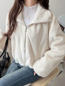 FRIFUL Women's Solid Color Long Sleeve Zipper Front Casual Faux Fur Jacket - Apricot - View 8
