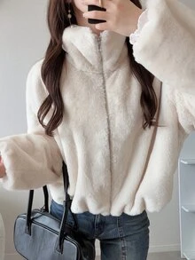 FRIFUL Women's Solid Color Long Sleeve Zipper Front Casual Faux Fur Jacket - Apricot - View 1