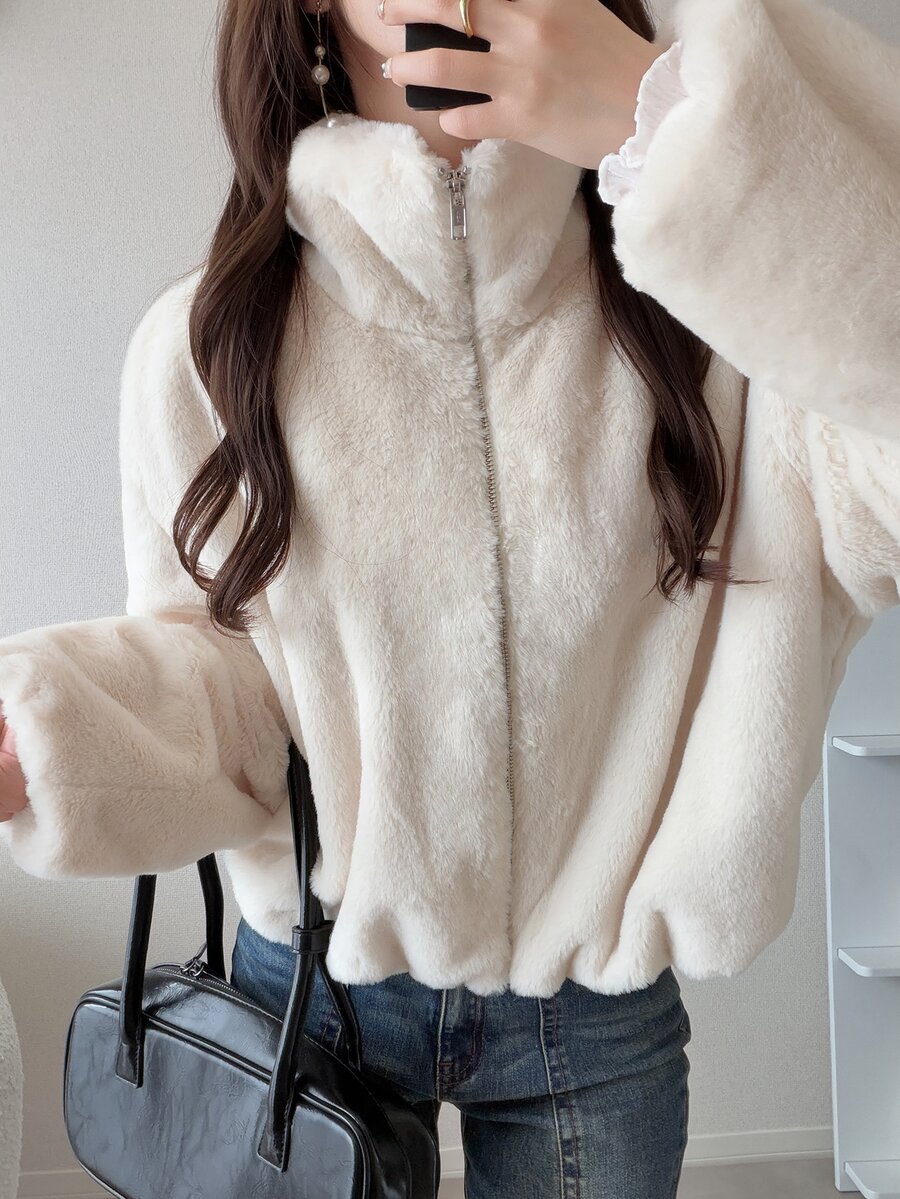 FRIFUL Women's Solid Color Long Sleeve Zipper Front Casual Faux Fur Jacket - Apricot - View 1