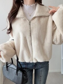 FRIFUL Women's Solid Color Long Sleeve Zipper Front Casual Faux Fur Jacket - Apricot - View 7