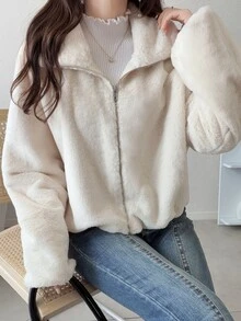 FRIFUL Women's Solid Color Long Sleeve Zipper Front Casual Faux Fur Jacket - Apricot - View 3