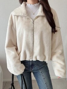 FRIFUL Women's Solid Color Long Sleeve Zipper Front Casual Faux Fur Jacket - Apricot - View 6