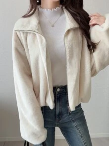 FRIFUL Women's Solid Color Long Sleeve Zipper Front Casual Faux Fur Jacket - Apricot - View 5