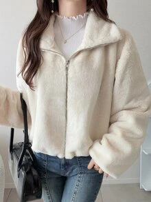 FRIFUL Women's Solid Color Long Sleeve Zipper Front Casual Faux Fur Jacket - Apricot - View 4