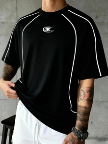 Sport MetroGents 男款對比滾邊星星印花運動T恤，健身房適用 - 黑色 - 查看 2