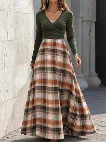 Balvessa Women's Solid Color Overlap V-Neck Long Sleeve T-Shirt And Plaid Skirt Casual 2 Pieces Set - Green - View 3