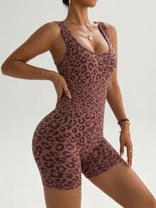 SHEIN Core Rhythm Women's Leopard Print Back Cutout Sleeveless Sports Romper - Brown - View 6