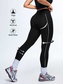 SHEIN Sports 女士高腰日常健身紧身裤 - 黑色 - 查看 5