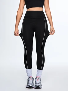 SHEIN Sports 女士高腰日常健身紧身裤 - 黑色 - 查看 10