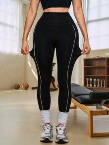 SHEIN Sports 女士高腰日常健身紧身裤 - 黑色 - 查看 4
