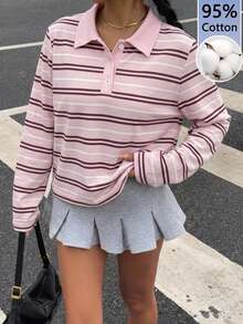 Tseoso 95%棉全印花女款 Polo 領 T 恤，簡約粉色條紋，低調耐穿百搭街頭時尚穿搭，咖啡廳休閒氛圍，高端通勤機場穿搭，大學校園開學穿搭，夜店服飾，青年休閒風格 - 彩色 - 查看 1