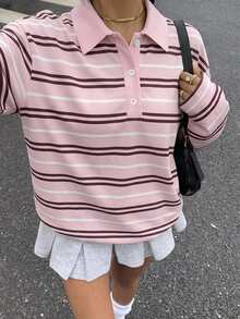 Tseoso 95%棉全印花女款 Polo 領 T 恤，簡約粉色條紋，低調耐穿百搭街頭時尚穿搭，咖啡廳休閒氛圍，高端通勤機場穿搭，大學校園開學穿搭，夜店服飾，青年休閒風格 - 彩色 - 查看 3