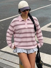 Tseoso 95%棉全印花女款 Polo 領 T 恤，簡約粉色條紋，低調耐穿百搭街頭時尚穿搭，咖啡廳休閒氛圍，高端通勤機場穿搭，大學校園開學穿搭，夜店服飾，青年休閒風格 - 彩色 - 查看 5