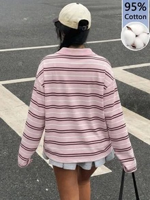 Tseoso 95%棉全印花女款 Polo 領 T 恤，簡約粉色條紋，低調耐穿百搭街頭時尚穿搭，咖啡廳休閒氛圍，高端通勤機場穿搭，大學校園開學穿搭，夜店服飾，青年休閒風格 - 彩色 - 查看 2