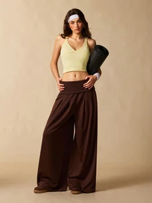 VARSIVA Women's Solid Color Folded Waist Wide Leg Loose Sports Activewear Bottom Pants - Coffee Brown - View 5