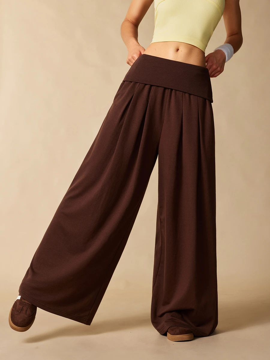 VARSIVA Women's Solid Color Folded Waist Wide Leg Loose Sports Activewear Bottom Pants - Coffee Brown - View 1