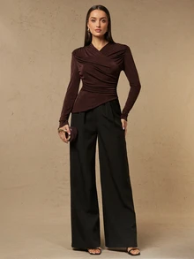 Silquee Women's Solid Color Pleated Fitted Versatile Daily Casual Top Work Outfits For Women Work Outfits For Women Going Out Tops All-Match Blouses - Coffee Brown - View 8