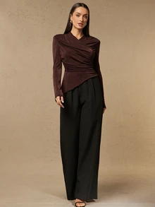 Silquee Women's Solid Color Pleated Fitted Versatile Daily Casual Top Work Outfits For Women Work Outfits For Women Going Out Tops All-Match Blouses - Coffee Brown - View 5