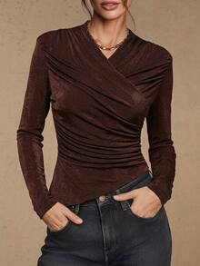 Silquee Women's Solid Color Pleated Fitted Versatile Daily Casual Top Work Outfits For Women Work Outfits For Women Going Out Tops All-Match Blouses - Coffee Brown - View 11