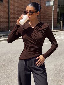 Silquee Women's Solid Color Pleated Fitted Versatile Daily Casual Top Work Outfits For Women Work Outfits For Women Going Out Tops All-Match Blouses - Coffee Brown - View 2