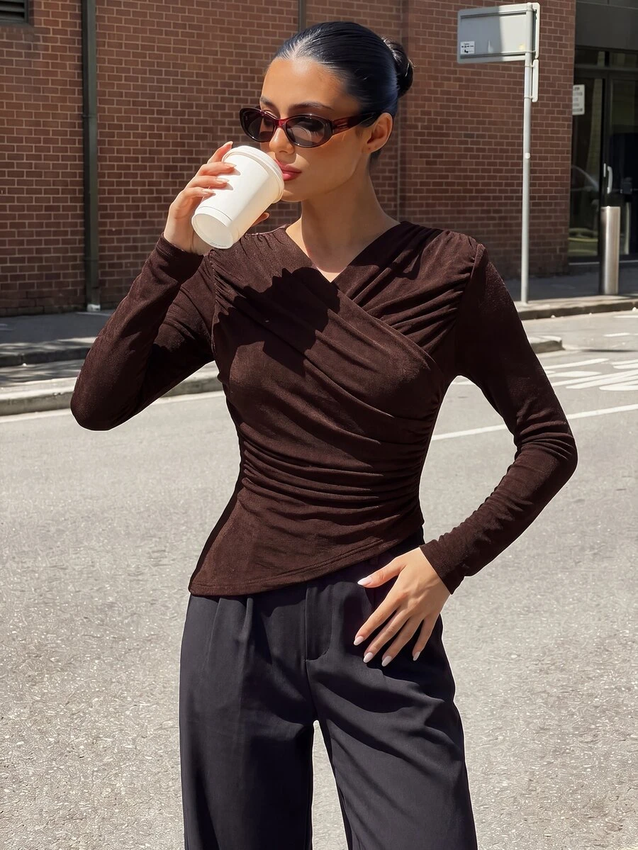 Silquee Women's Solid Color Pleated Fitted Versatile Daily Casual Top Work Outfits For Women Work Outfits For Women Going Out Tops All-Match Blouses