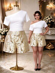 Rometta Plus Size Fashionable Oil Painting Print Textured Fabric Minimalist Elegant Versatile Loose Fit Casual Shorts For Women, Spring/Autumn - Gold - View 1