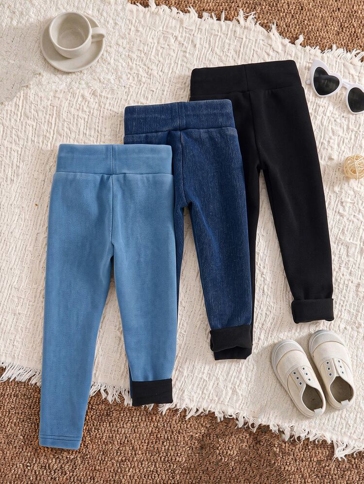 Young Girl 3pcs/Set Girls Autumn/Winter Patchwork Black, Dark Blue, Light Blue Knitted Denim Stretch Skinny Leggings Cowgirl Winter Festival Outfits - Multicolor - View 8