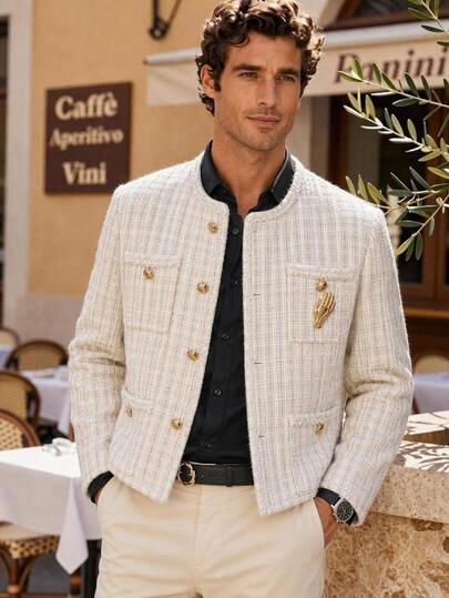 AKNOTIC Men's Thickened Brooch Jacket, Cream White & Gold, Autumn/Winter, Party, Holiday, Commute, Exhibition, Pocket, Warm