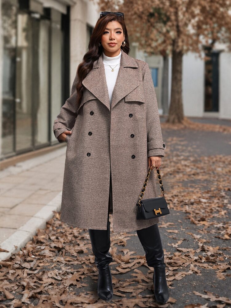 SHEIN Clasi Plus Size Women Solid Color Casual Versatile Daily Wear Lapel Collar Trench Coat Jacket Fall - Grey - View 5