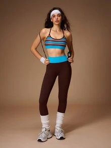 VARSIVA Women's Minimalist Striped Colorblock Cropped Tank Top And Fitted Leggings Sports Activewear Set - Multicolor - View 5