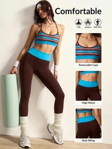 VARSIVA Women's Minimalist Striped Colorblock Cropped Tank Top And Fitted Leggings Sports Activewear Set - Multicolor - View 4