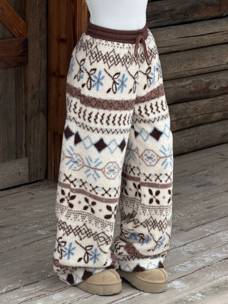 Muchica Women's All-Over Print Casual Daily Wear Long Pants Vintage Pattern With Fleece For Warmth And Comfort In Autumn, Winter, Snow, Christmas, New Year, - Brown - View 3