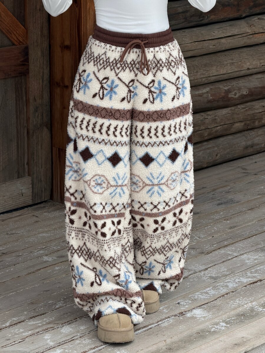 Muchica Women's All-Over Print Casual Daily Wear Long Pants Vintage Pattern With Fleece For Warmth And Comfort In Autumn, Winter, Snow, Christmas, New Year, - Brown - View 1