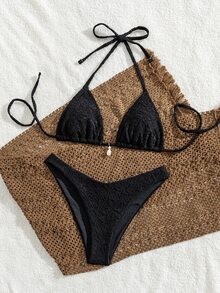 Swim Vcay 女款夏季海灘極簡波希米亞風蕾絲壓紋掛脖三角比基尼上衣，附珍珠貝殼吊墜 + 高衩比基尼下褲，2件式泳衣套裝。純白色泳衣，適合春假、節慶與熱帶度假，展現清新極簡度假風。白色蕾絲比基尼套裝，珍珠細節比基尼，紋理面料比基尼 - 黑色 - 查看 7