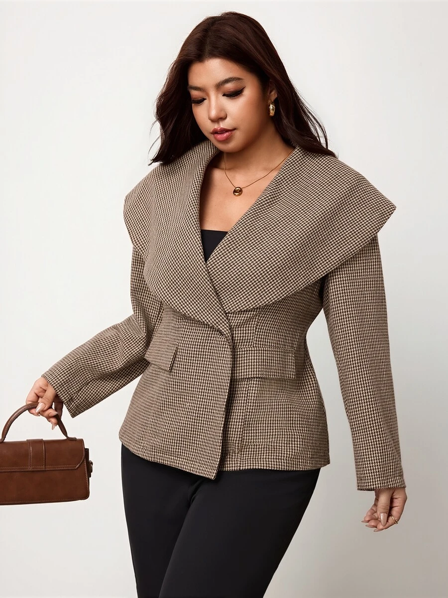 Enliva Plus-Size Women's Elegant Fitted Houndstooth Pattern Autumn/Winter CoatApple,Rounded Body - Khaki - View 1