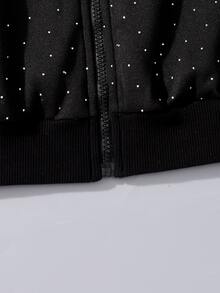 SHEIN 青少年女孩黑色水鑽亮片前拉鍊落肩寬鬆休閒連帽衛衣外套，抓絨內裡保暖，返校季 Y2K 瑜伽運動服，時尚慵懶隨性，校園秋季穿搭，萬聖節聖誕節適用 - 黑色 - 查看 7